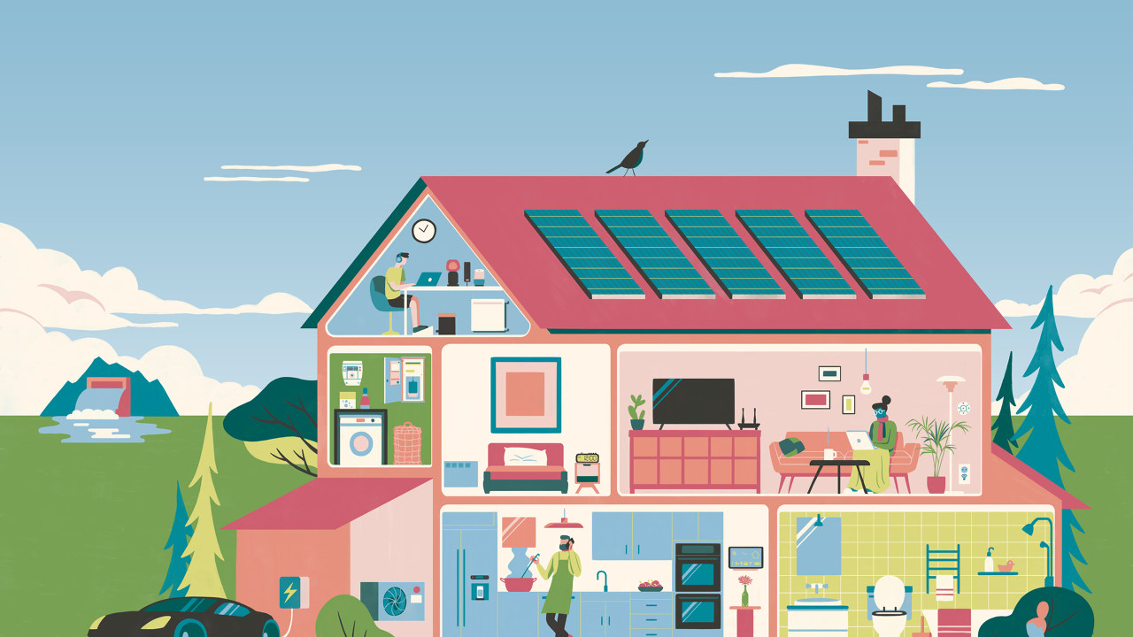 Et bolighus med solceller på taket og mennesker inni. Tegning