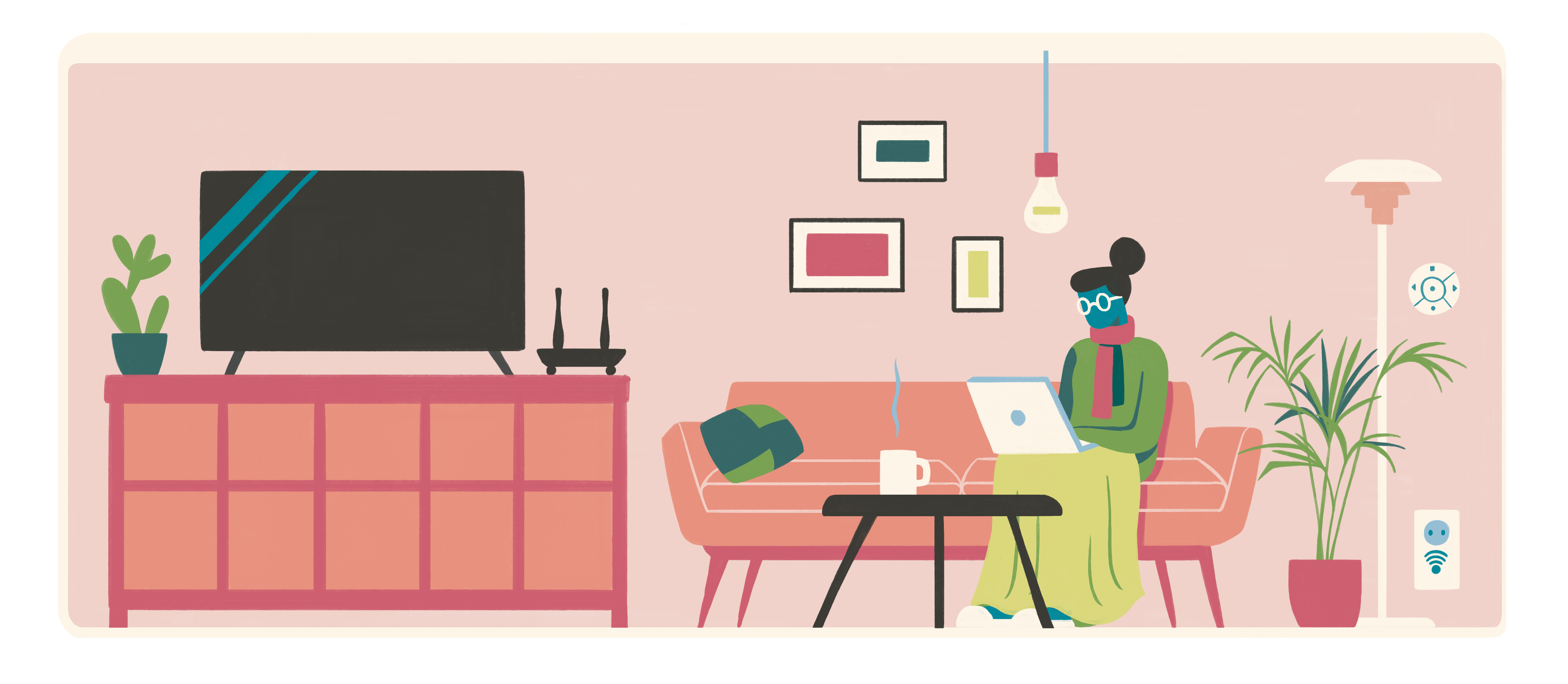 En dame sitter i en stue og leser på en PC. Illustrasjon
