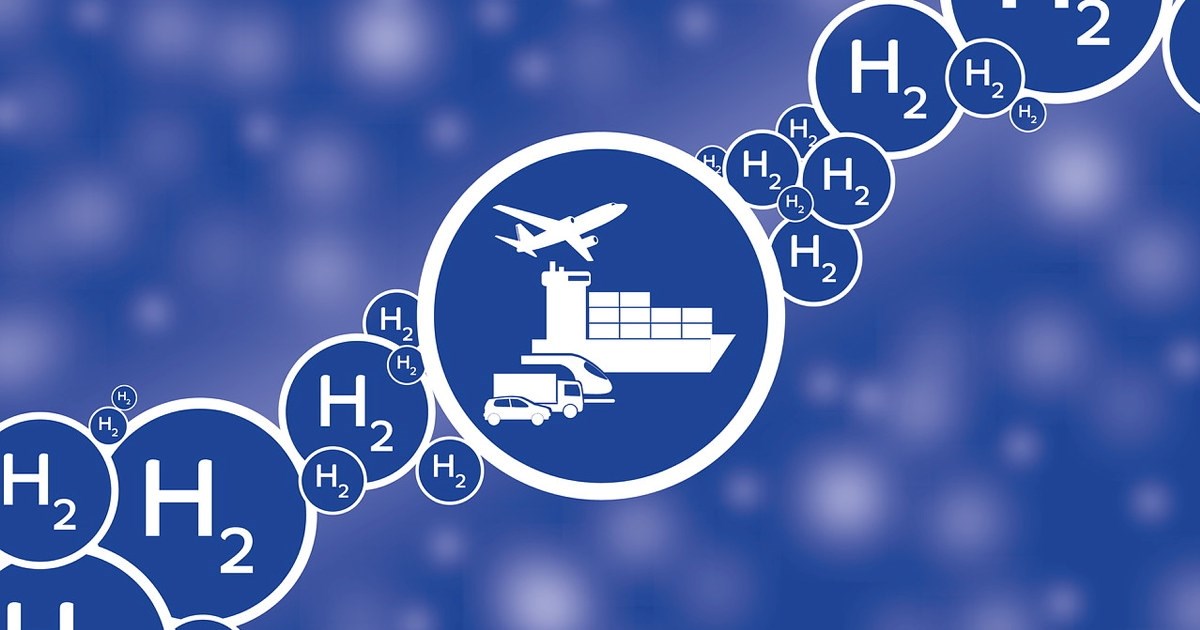 Illustrasjon med rundinger med teksten H2 og tening av fly, lasteskip, tok, lastebil og personbil